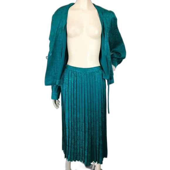 Vintage 80s Sakowitz 100% Silk Paisley Brocade Pleated Skirt & Blouse Dress Set - Picture 5 of 6